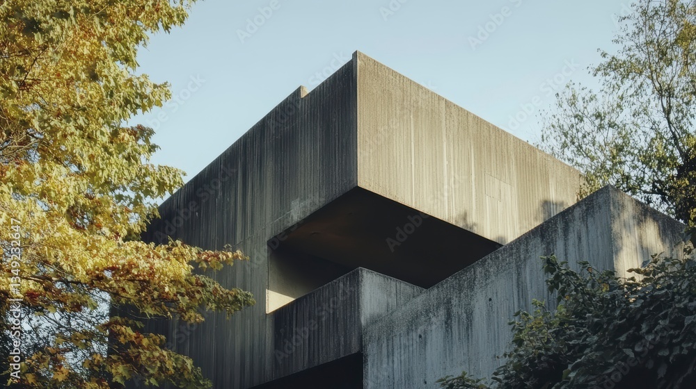 Poster modern concrete building partially obscured by trees.