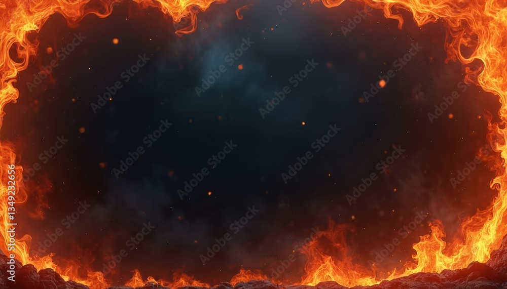 Poster fiery frame with dark background. intense burning flames border black space, red hot heat and smoke 