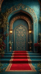 Luxurious entrance adorned with intricate designs and vibrant floral d&eacute;cor at dusk in a grand setting