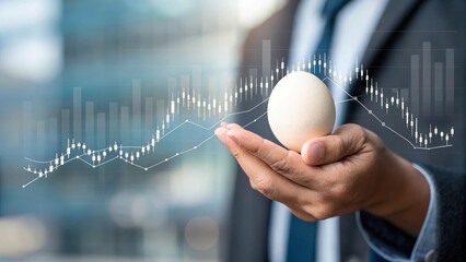 Increasing of egg price. Businessman holding egg with digital financial graph overlay.