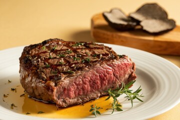 Juicy grilled steak served on a plate with fresh herbs and truffles in elegant dining setting