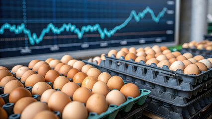 Increasing of egg price. Eggs in trays with stock market graph in background, symbolizing market trends.