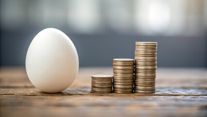 Increasing of egg price. Close up of egg beside growing stack of coins on wooden surface.
