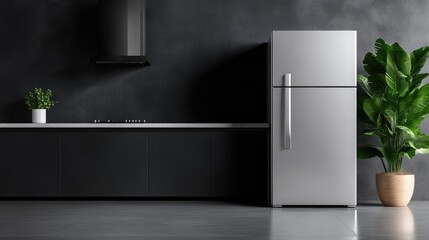 Modern kitchen with sleek appliances and a touch of greenery