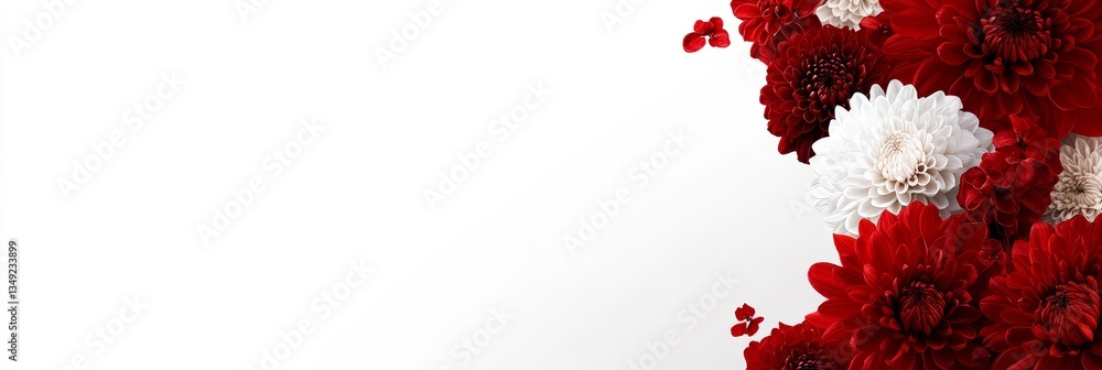 Poster red and white chrysanthemums on a bright background with copy space for text placement