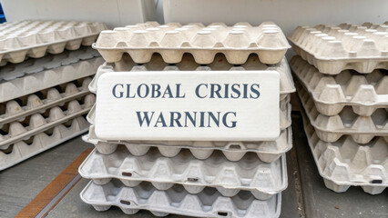 Increasing of egg price. Empty egg cartons stacked with global crisis warning sign, symbolizing scarcity and concern.