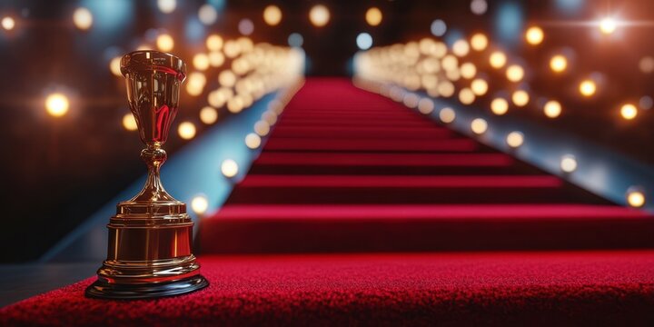 Award trophy on a red carpet leading to glowing lights in a celebratory venue at night