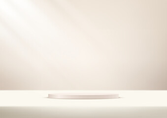 Beige background vector 3d with podium. 3D abstract studio room with pedestal podium. Space for selling products, backdrop, wallpaper, background, text. Vector illustration.