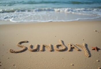 Sunday Sand Writing on a Sandy Beach with Waves and Starfish