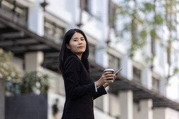 Future remote work combines technology smart phone digital business woman enable e-learning...