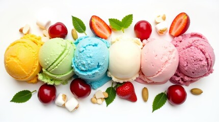 Colorful ice cream scoops with fruits, nuts, and leaves. Ideal for food, dessert, or summer-themed designs. Great for websites, advertisements, or social media content.