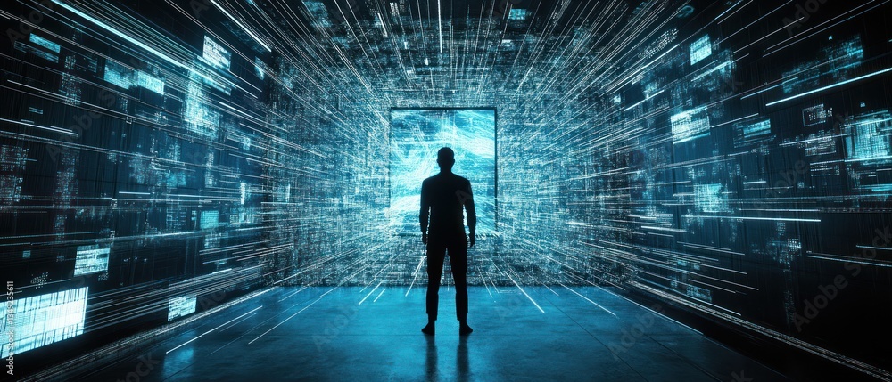 Poster person standing in digital room with data streams and visuals