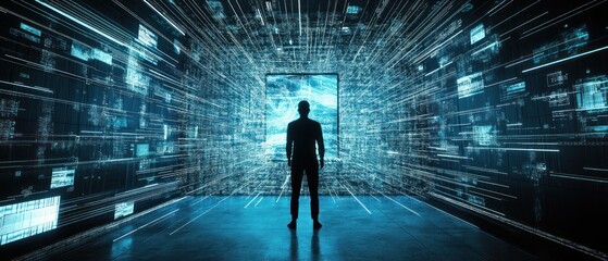 Obraz premium Person standing in digital room with data streams and visuals