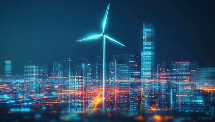 Fototapeta premium Futuristic Cityscape with Glowing Wind Turbine at Night
