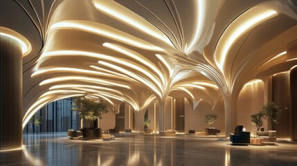 Obraz premium Luxurious hotel lobby with modern, curved ceiling design, warm lighting, and elegant seating.
