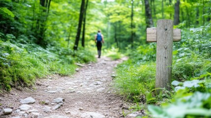 Obraz premium Hiking trail through lush forest. A person walks down a well-maintained path, marked by a wooden signpost