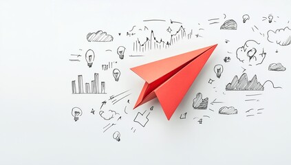 Red Paper Airplane Surrounded by Black Doodles on White Background
