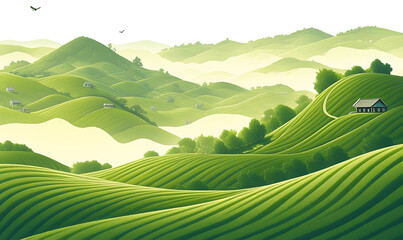 Illustration of matcha tea leaves, harvesting, processing, traditional tools, tea ceremonies, matcha beverages, desserts, and green tea plantations on a white background.