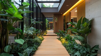 Luxurious indoor walkway with lush tropical plants and natural wood flooring, modern architecture design.