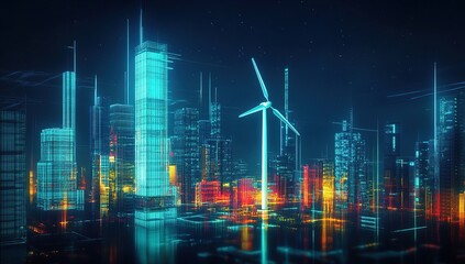 Fototapeta premium Futuristic Cityscape at Night with Neon Lights and Wind Turbine