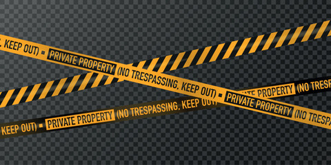 Yellow warning tape, private property, no trespassing, keep out, black stripes, transparent background.