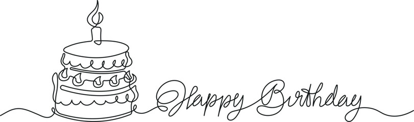 Happy Birthday Calligraphy with Birthday Cake. Continuous Line Drawing. Vector Art