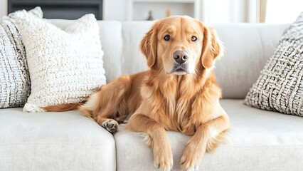 A golden retriever lies on a light-colored couch, surrounded by fluffy pillows in a cozy living room setting. Concept Golden Retriever, Cozy Living Room, Light-Colored Couch, Fluffy Pillows