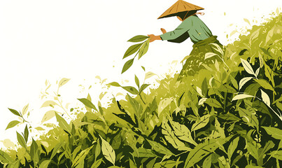 Illustration of matcha tea leaves, harvesting, processing, traditional tools, tea ceremonies, matcha beverages, desserts, and green tea plantations on a white background.
