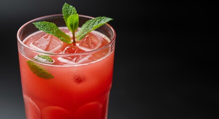 Refreshing cocktail drink with ice and mint garnish on dark background