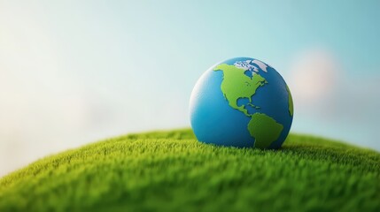 A stylized globe rests on a vibrant green hill, symbolizing a connection between the Earth and nature under a serene blue sky.