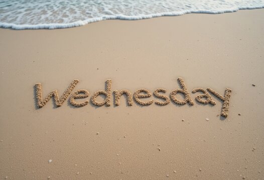 Wednesday Written in Sand Near Ocean Waves Rolling on the Beach