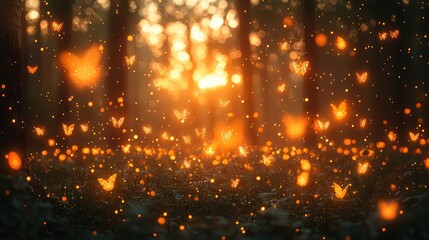 Fototapeta premium Magical forest sunset with glowing butterflies