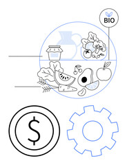 Fresh fruits, vegetables, and products inside circle labeled bio alongside dollar sign and gear. Ideal for sustainability, eco-friendly business, organic farming, health, agriculture, economy