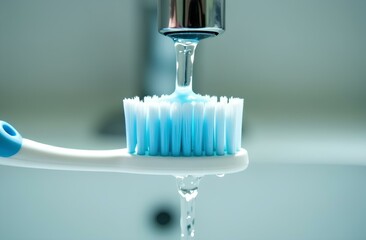 Toothbrush under flowing water, bathroom interior, healthcare concept, hygiene