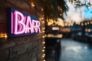 A cozy outdoor bar scene featuring a glowing neon sign saying 'BAIRR', providing a warm ambiance with twinkling lights in the background.