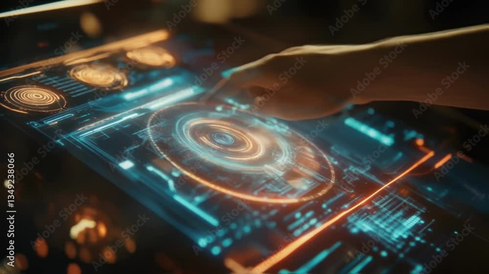 Poster businessman interacting with a futuristic holographic interface, activating glowing controls and nav