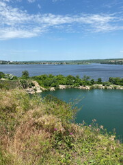 River side on a bright sunny day in Dnipro, Ukraine