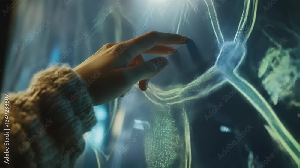 Poster a closeup of a user interacting with a holographic display showcasing intricate mappings of various 