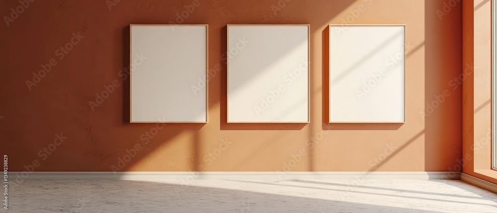 Poster empty gallery space with three blank frames and sunlight