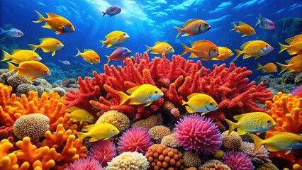 A school of yellowtail damselfish swim together in harmony among the coral and sea anemones on a vibrant red sea coral reef , underwater scene, marine life
