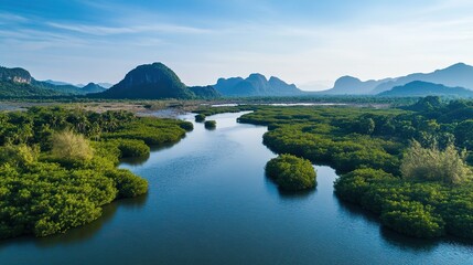 Aerial view of a wide river flanked by mangrove forests, with low flat mountains, green vegetation, rocks, clear sky and water reflecting in a charming, tranquil natural landscape.