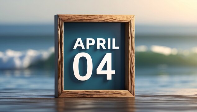 A serene beach scene featuring a wooden-framed calendar displaying April 04, evoking a peaceful, coastal vibe.