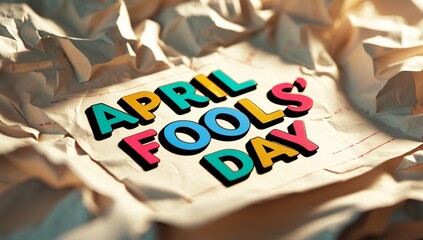 Colorful 'April Fools' Day' text on crumpled paper, adding a playful and cheerful vibe to the atmosphere.