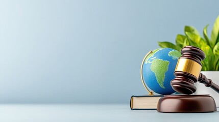 A gavel rests beside a globe and a book, symbolizing law, justice, and global awareness, complemented by a touch of greenery.