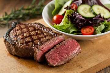 Grilled steak paired with fresh salad on wooden cutting board in a cozy setting