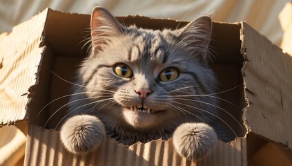 Obraz premium A playful grey Maine Coon cat peeks out of a cardboard box, showcasing its fluffy paws and cheerful expression.