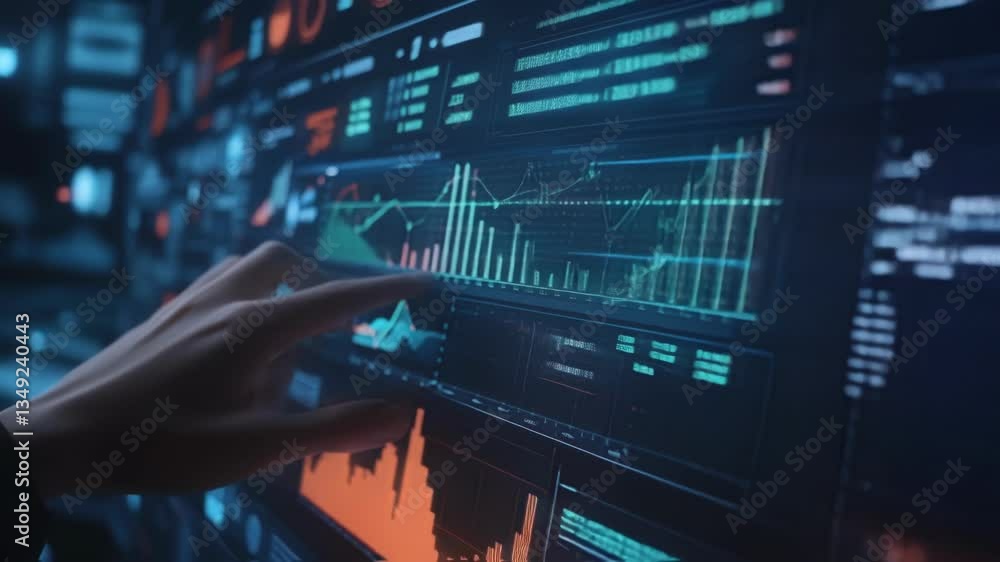 Poster businessman pointing at rising graph on interactive digital display, analyzing financial data, stock