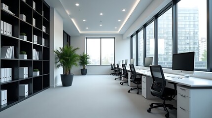 Modern open-plan office with minimalist design, white desks in rows, ergonomic chairs, natural lighting, large windows, black shelves, gray carpet, and green plants.