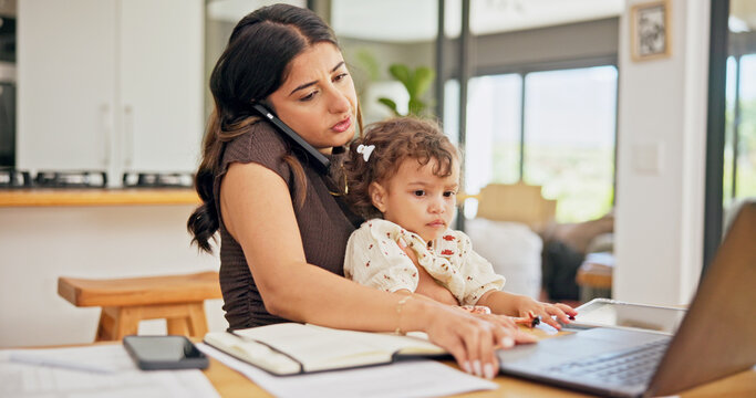 Laptop, phone call or remote work with mother and baby in home for development of small business. Busy, computer or multitasking with single parent and child in apartment for freelance or startup