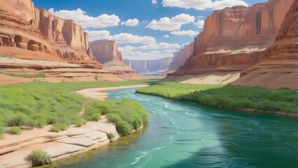 A tranquil river flows through a moss-covered rocky terrain in a dense,